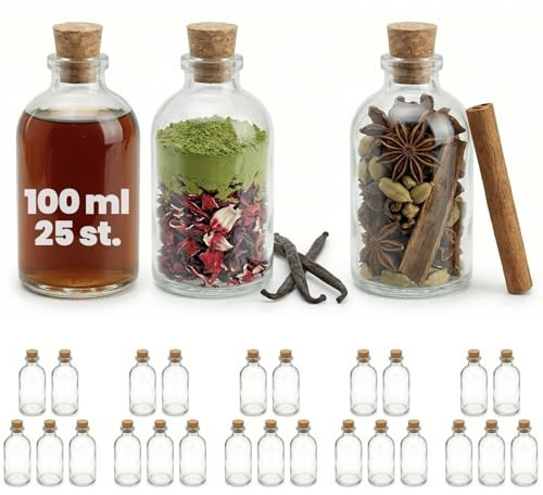 casavetro 25 Glasflaschen 100ml mit Korken – Kleine Flaschen zum Befüllen klar & leer – Likörflaschen Mini Glasfläschchen 100 ml für Deko Gastgeschenke DIY