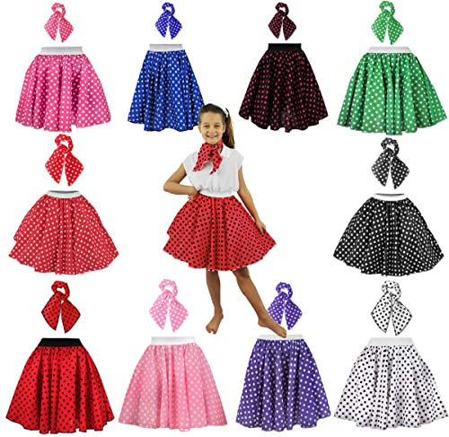GIRLS POLKA DOT SKIRT 1950'S FANCY DRESS COSTUME - 17 LONG POLKA DOT SKIRT + SCARF ROCK AND ROLL SWING OUTFIT