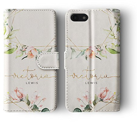 Tirita Personalised Initials Custom Wallet Leather Flip Phone Case Compatible with iPhone 11 PRINTED GLITTER, NOT REAL GLITTER Shabby Chic Floral Watercolour Pastel Roses