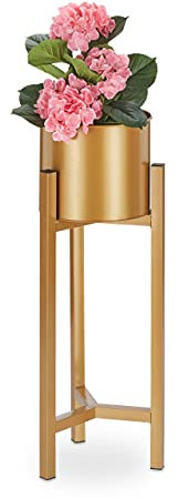 Relaxdays Blumentopf Ständer, Blumenständer inklusive Topf, modern, Pflanzenständer Metall, HxD: 60 x 21,5 cm, Gold