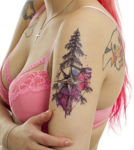 2 x Kompass Tattoo - Watercolor mit Tanne - Temporary Body Tattoo - FF31 (2)