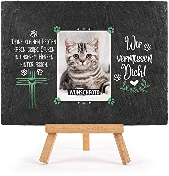 Tier-Schieferplatte Gedenktafel für Tiere - mit Foto bedrucken - Wir vermissen dich - Haustiere Grabtafel, Grabschmuck - Schiefertafel mit Staffelei, 15x20 cm I Personalisierte Erinnerung