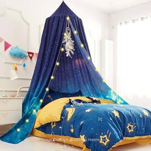 Hommi Lovvi Ocean Print Kids Bed Canopy, Girls Princess Canopy Dreamy Room Decor, Soft Hanging Reading Nook Play Tent Canopy, Extra Large Full Size Bed Canopy with String Light