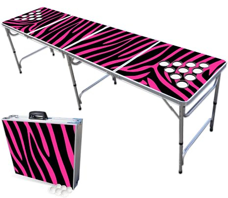 PARTYPONG 8-Foot Folding Beer Pong Table w/Cup Holes - Pink Zebra Edition