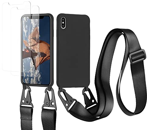 vrupin kompatibel mit iPhone XR Handykette Hülle,[2 Stück Schutzfolie 9H Härte Gehärtete Folie].Necklace Hülle Nylon Schultergurt Weich Flüssiges Silikon-schwarz