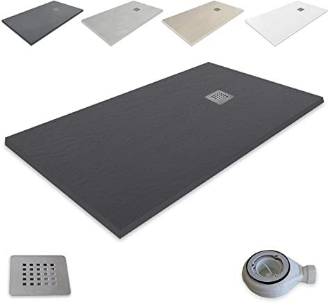 Piatto doccia in resina extra piatta outletaseo – tutte le misure disponibili – texture ardesia antiscivolo – include valvola di scarico + griglia (70 x 80, nero RAL9005)