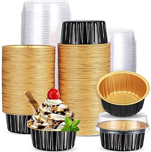 150 pirottini usa e getta in alluminio con coperchio, 141,7 g, mini pirottini per cupcake, flan, mini stampi per torte con coperchio, stampi usa e getta per budino, deserto, creme brûlée (nero, oro)