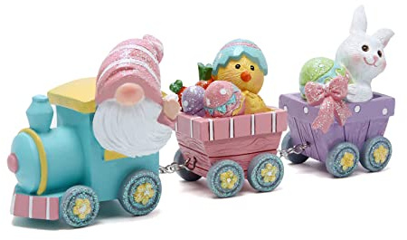 Hodao Decorazioni pasquali a forma di treno con gnomi pasquali, 22,2 cm, statuette fatte a mano a forma di treno per feste di Pasqua (multicolore)