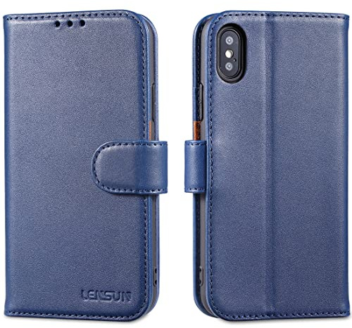 LENSUN Hülle für iPhone XS Echtleder, iPhone X Handytasche mit RFID - Blau | Handyhülle Flip Cover, Echtes Leder Schutzhülle, Bookstyle Wallet Kartenfach, Handytasche Lederhülle