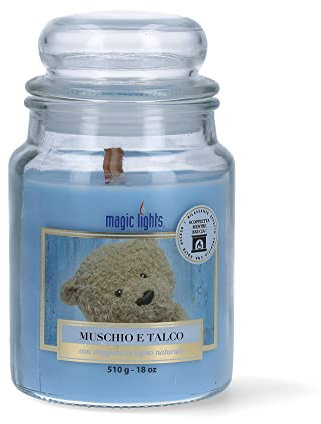 Magic Lights | Candela Profumata in Giara 510g – Muschio e Talco – Stoppino in Legno Naturale che scoppietta – Cera Vegetale 75% – Made in Italy