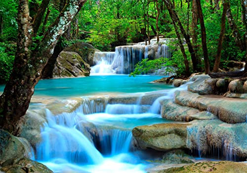 decomonkey Premium Fototapete Wasserfall 350x256 cm Tapete Fototapeten Vlies Tapeten Vliestapete Wandtapete Moderne Wand Wandbild Schlafzimmer Wohnzimmer Wald Fluß Wasser Bach Natur Steine Blau Grün