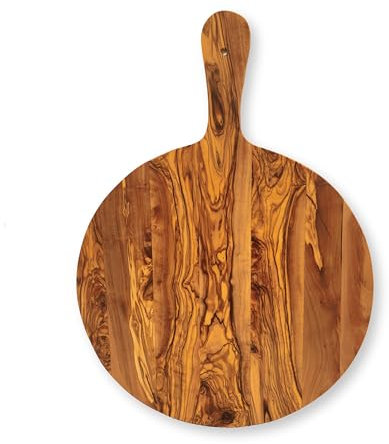 Planche de service de qualité supérieure avec poignée « The Pizzamood » - En bois d'olivier fait à la main - Diamètre : 32 cm - Longueur : 44 cm - Assiette à pizza
