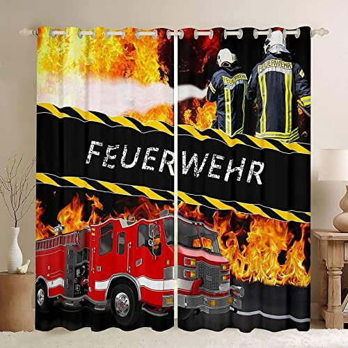 Buohwiwe Feuerwehrauto Verdunkelungsvorhänge 3D Vorhänge Blickdicht Feuerwehrauto Verdunkelungsvorhang mit Ösen für Schlafzimmer Kinderzimmer Wohnzimmer Dekoration Gardienen 140x160 cm