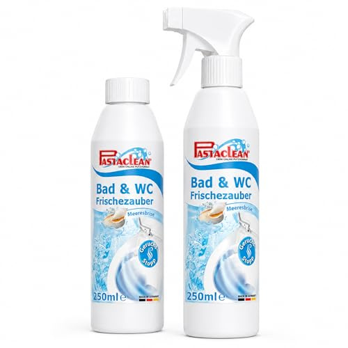 Pastaclean Bad & WC Frischezauber Duftspray (Meeresbrise) Geruchsstop für WC, Bidet, Urinal, WC-Bürsten, Abflüssen & Überläufen, Lufterfrischer, Raumspray, 2x 250ml + Sprühkopf