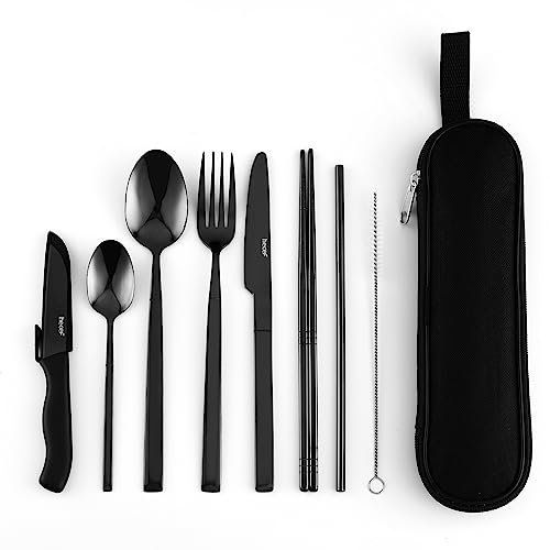 Elevate Your Outdoor Experience with Hecef Travel Cutlery Set - Portable Camping Flatware Set for 1, Durable 18/0 Stainless Steel & Chic Carry Case (Black)
