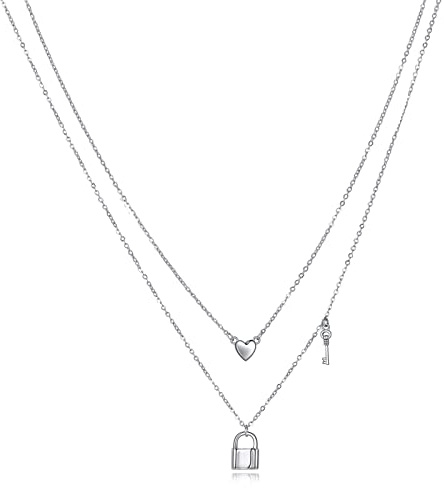 HUKKUN Tree of Life/Butterfly/Cross/Hamsa/Daisy/Strawberry/Dragonfly/Lock/Space/Evil Eye Layered Necklace Sterling Silver Stacked Layered Choker Necklaces Jewelry Gifts for Women