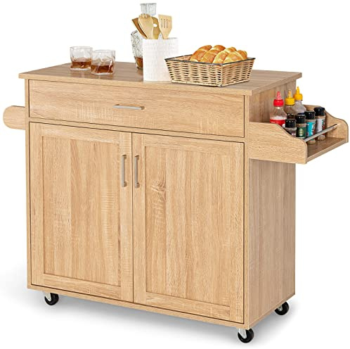 TANGZON Kitchen Island on Wheels, Rolling Storage Trolley with Large Cabinet, Drawer, Adjustable Shelf, Wood Worktop, Spice & Towel Rack, Utility Serving Cart for Dining Living Room (Natural)