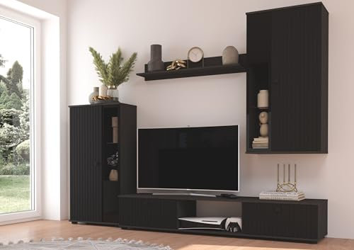 Kuechen-preisbombe Wohnwand Salsa 2 Lamellenoptik Anbauwand Schrankwand MDF Schwarz matt + Grau
