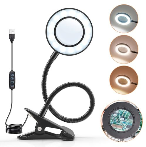Lampada da Tavolo,10X Lampada con Lente lngrandimento Con Luce,48LED Lampada da Scrivania Luce Per Lettura Libri a Letto,3 Colore 10 Luminosità Lampada Led da Tavolo,360° Flessibile Lampada Scrivania
