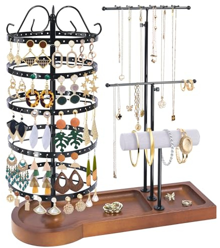SMFANLIN Jewelry Organizer Stand, Metal Rotating Earring Holder Organizer, Multi-Functional Adjustable Necklace Rack Holder Bracelet Watch Holder for Jewelry Earrings Ring, Black