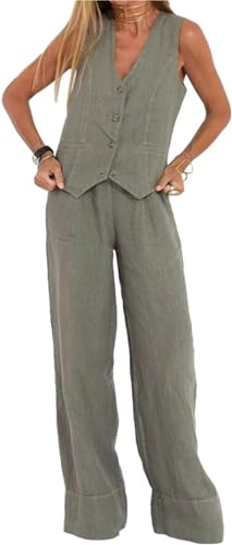 HUANGJB Ensemble 2 pièces pour femme avec col en V, gilet sans manches, pantalon à jambes larges, blazer d'été assorti en lin, gris, L
