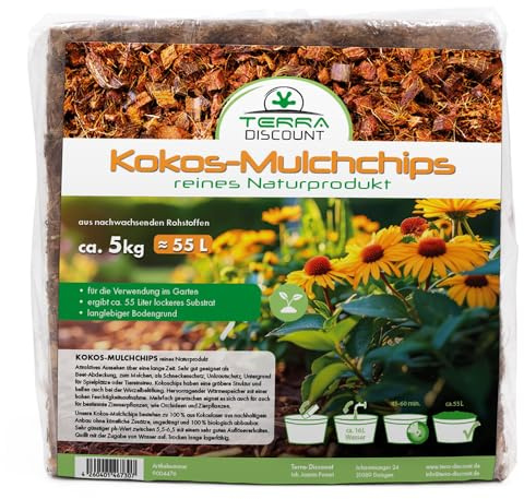 Terra Discount Kokos-Mulchchips, 5 kg Block, 100% Naturprodukt aus Kokosfaser, Mulch & Pflanzsubstrat für Garten, Hochbeet, Orchideen & Zimmerpflanzen, Alternative zu Pinie (1)