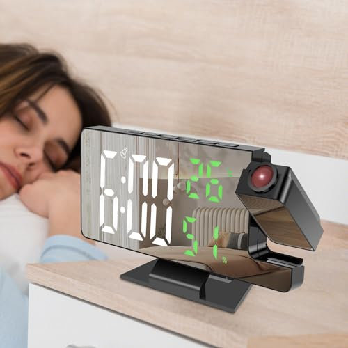 Projection Alarm Clocks Bedside Digital Alarm Clock with 180° Rotatable Projector for Bedroom 4 Level Brightness Dimmer Large LED Display Screen USB Charger 5mins Snooze for Kids Adults(white)