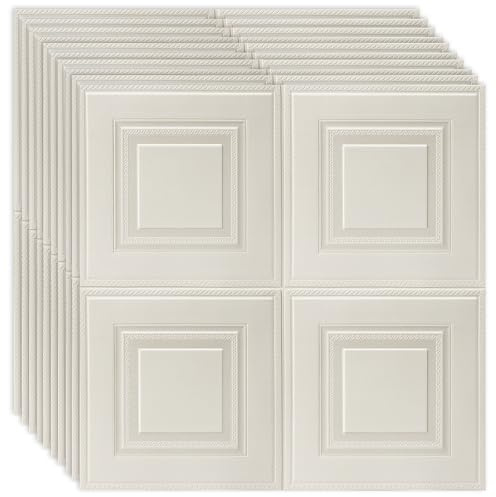 Snewvie White 20 PCS Ceiling Tiles Self Adhesive Peel and Stick Wall Panels Self Adhesive 3D Grid Wood Wall Panels 70X70cm 3D Waterproof PE Foam Ceiling Covering for Home/Office Decoration