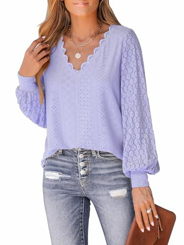 TrendiMax Camicetta da Donna con Scollo a V con Pizzo Maniche Lunghe Elegante Camicia Tinta Unita Top Basic T-Shirt Manica Lunga, Lilla, XL