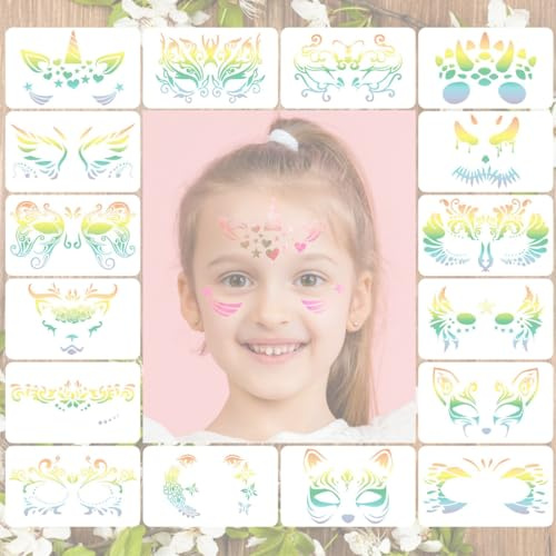 WHYCNJL 16 Stück Face Paint Schablonen Wiederverwendbare Face Painting Schablonen für Facepainting Tattoo Vorlagen Halloween Makeup Schablone für Kinder Künstler