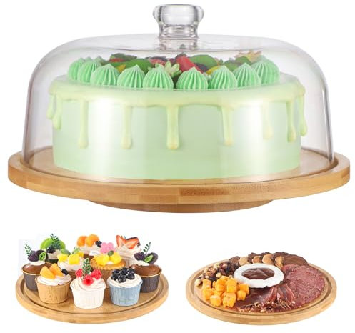 Présentoir à gâteau rotatif avec couvercle, 30 cm en bois de bambou avec dôme, présentoir rotatif à 360° avec couvercle en acrylique pour fromage, tarte, frites et trempettes, moule à gâteau rond