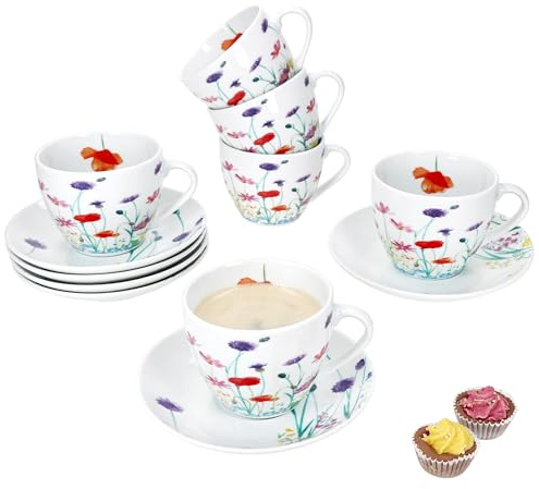 MamboCat Marie Kaffeetassen mit Untertassen für 6 Personen I Porzellan-Set mit Blumenwiese für Frühstück & Kaffee I Je 6X Teetassen 190ml & Untertassen