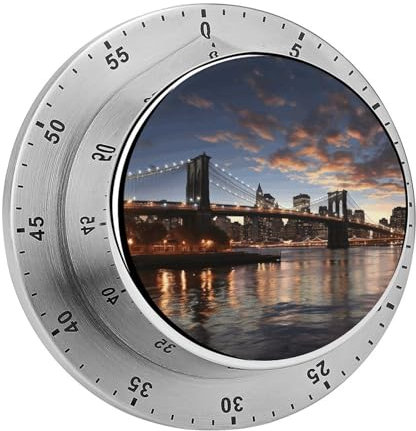 Mechanischer Edelstahl-Timer, New York Bridge, bedruckt, magnetisch, Countdown-Timer, 60-Minuten-Timer, geeignet zum Kochen, Backen, Lesen