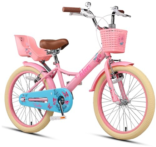 Glerc Sasha 20 tums barncykel för 7–10 åriga flickor i retro vintagestil barncyklar med dockcykelsäte och stödhjul rosa