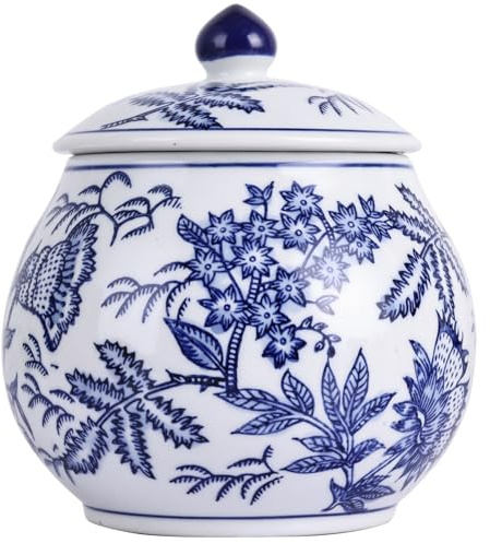 Ming And Qing Dynasty Style Blue and White Porcelain Ginger Jar - Hand-Painted Floral Chinoiserie Decorative Jar, Ceramic Flower Vase & Storage Jar for Home Decor, Tea, or Snacks (Zye Jar)
