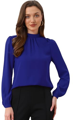 Allegra K Chemise en Mousseline de Soie Femmes Chemisier à Manches Longues Bouffantes Col Montant Blouse Élégant pour Bureau Bleu Royal L