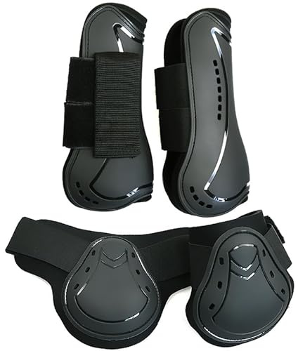 Merauno ® Horse Gaiters Fetlock, robuster PU Shell elastischer Haken Schleifenverschluss, Tendenstiefel, Weich gefüttert, Stoßdämpfend, atmungsaktive Löcher zum Springen, Reiten, Events (L, Schwarz)