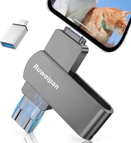 Pendrive para Phone,Ruweipan [Sin App] Memoria Extern 128GB Mini Photo Stick USB 3.0 Transmisión de Alta Velocidad 4 en 1 Pen Drive para Type C-Phone iOS/OTG Smartphone/PC/Laptop,128GB Nergo