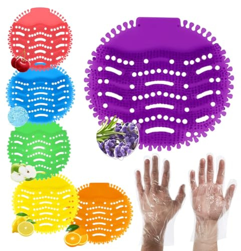 Urinal Screen Deodorizer Mats, 24 Pack, 6 pair of Gloves, Urinal Mats Lasting Odor, Multi-Scent with Lavender, Ocean, Cherry, Green Apple, 17cm (24 Pcs)