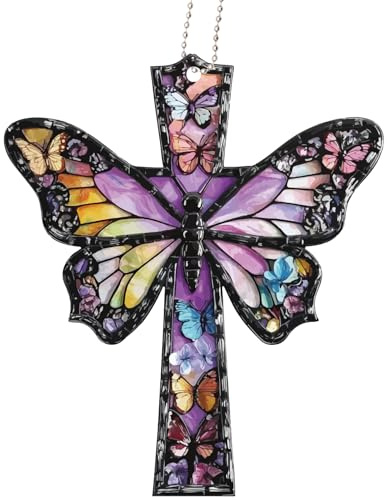 CREATCABIN Atrapasueños de Mariposa de Acrílico Adorno Colgante de Cruz de Arcoíris Teñida con Cadena de Bolas de Metal para Sala de Estar Dormitorio Inauguración de la Casa Pascua 15 x 12.9 x 0.2cm