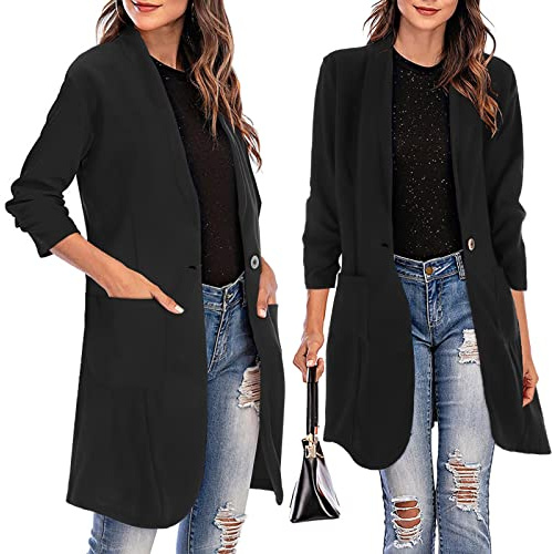 Blazer Femme Chic et Elegant Long Veste de Tailleur Fluides Col Rabattu OL Bureau Affaires Manteau Longue Outerwear Léger Casual Blousons Coupe Vent Manches 3/4 Demi-Saison Automne