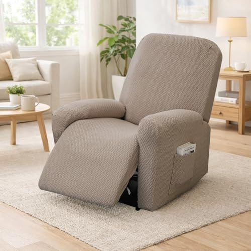 Yunlaishaocer 4-delat fåtöljskydd, halkfritt, fåtöljöverdrag, stretch med fickor, fåtöljskydd, randig jacquard-fåtöljskydd för TV-fåtölj, relaxfåtöljskydd (grå-brun)