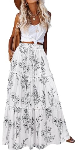 HOTOUCH Womens Maxi Skirt Spring Summer Long Skirt High Waist Skirts with Pockets Casual Floral Boho Skirts Elegant Flowy A-Line Beach Skirt Floral Sketch Black S