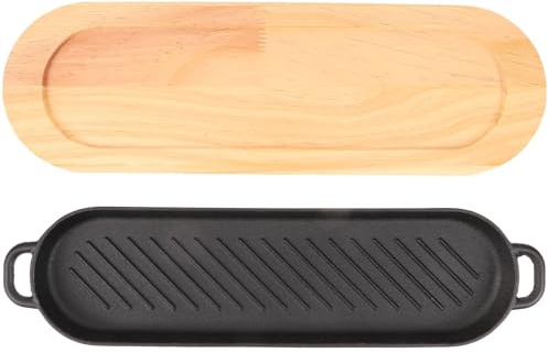 Gadpiparty Assiette à Steak Fonte avec Plateau Bois Plaque de Grillade et Résistante Chaleur pour Cuisine et Barbecue Ustensile de Service Antiadhésif pour Viande et Cuisson Steak