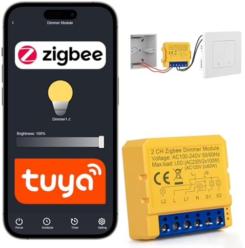 RDTOK Zigbee Dimmer, Mini Zigbee Módulo Interruptor, Inteligente Regulador de Luz, Inteligente Interruptores Luz, Compatible con Smart Life/Tuya App,con Alexa/Google Assistant, 2.4Ghz (2 Gang 2 Way)
