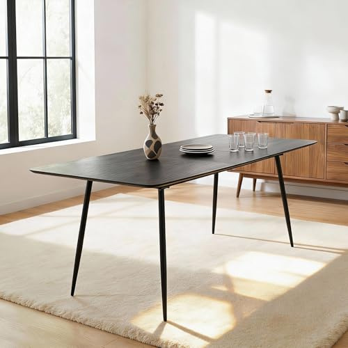Esstisch ORSA ausziehbar 160-200 x 80 cm, Schwarz - Esszimmertisch rechteckig, Küchentisch mit Butterfly-Einlegeplatte, moderner Esstisch für Essbereich, Metallgestell schwarz pulverbeschichtet