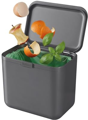 ReBorn Recycled Kitchen Food Waste Bin 5L Caddy Made in UK - Dark Grey | 5 litre capacity, easy open lid locks in odours, carry handle, worktop caddy, made from 100% recycled plastic