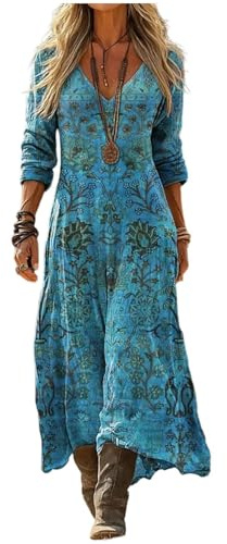 Udbeksid Vestito Lungo Donna Estivo Boho V Maniche Lunghe Abito Elegante Vintage Stampa Casual Vestiti Maxi Spiaggia Linea ad A Comodo Primavera con Tasche per Spiaggia Mare Vacanza 2026