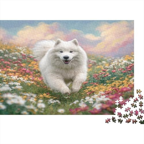 Samoyedo Bianco Puzzle 1000 Pezzi Carta per Adulti Prato Fiorito Gioco di Puzzle 1000 Pezzi Relax Regalo 38x26cm/1000pcs