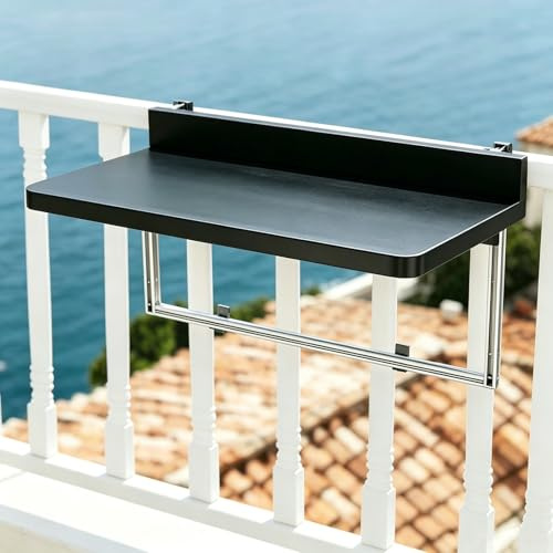 SHENJIA Balcony Railing Hanging Table, Folding Hanging Side Table with 5 Adjustable Heights, Space Saving Floating Railing Table for Outdoor Patio Bar Deck Garden Renter-Friendly (Black, 80x39cm)